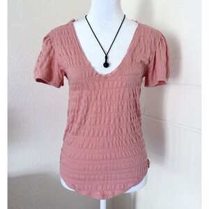 Free‎ People Orange Sugar Cube  Smocked V-neck  Short Sleeve Top Size M Casual